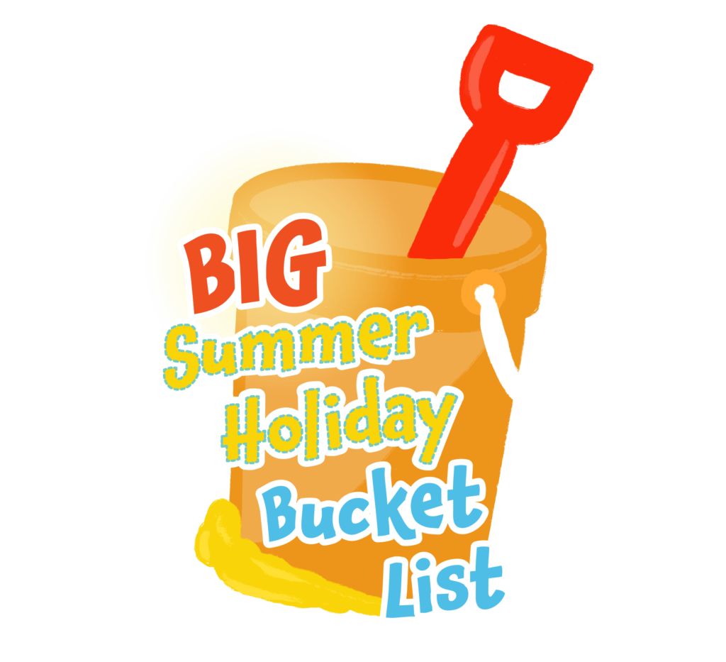 An orange bucket with a red spade inside and the words 'Big Summer Holiday Bucket List' over the top.