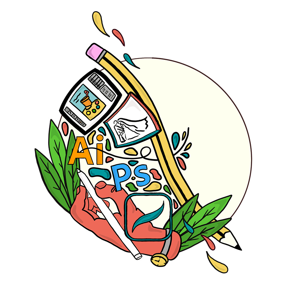 Illustrated image contain a college of items related to design to showcase Lindsay Wright's Freelance Design skills.