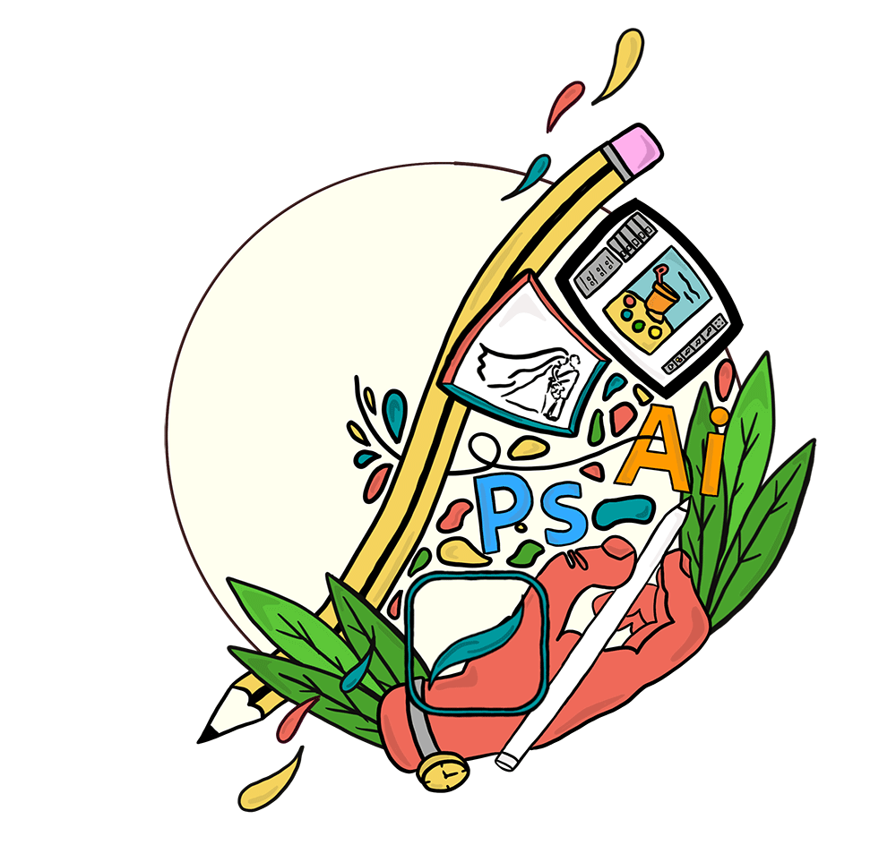 Illustrated image contain a college of items related to design to showcase Lindsay Wright's Freelance Design skills.